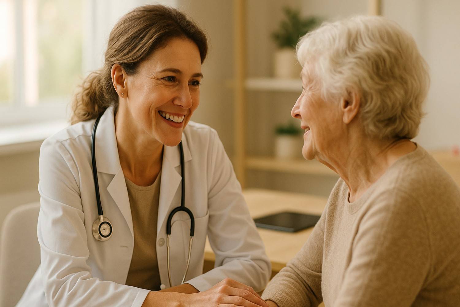A doctor and patient having a warm, positive interaction, demonstrating the improved relationship enabled by an AI medical scribe.
