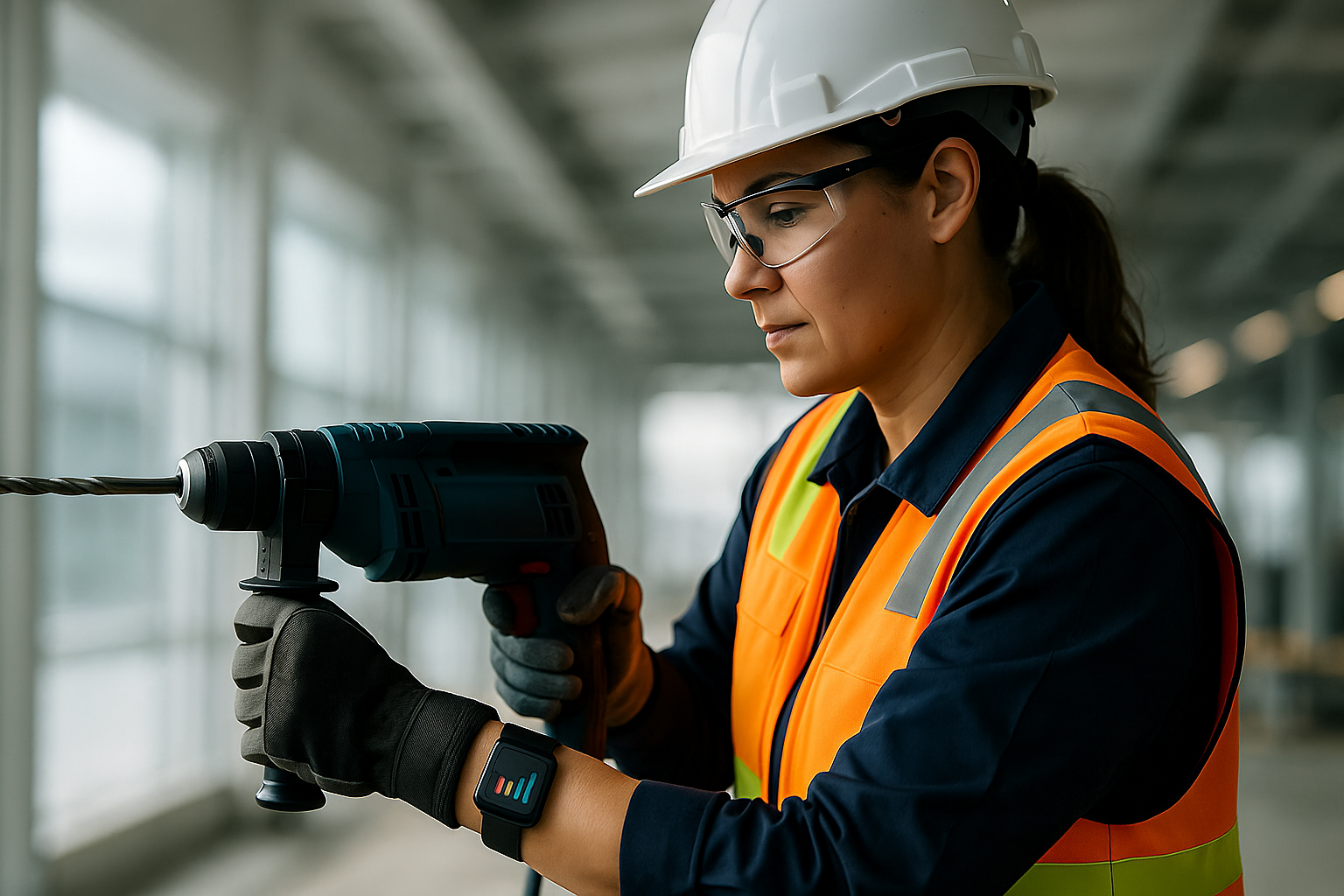 A construction worker operating a tool while wearing the HAVSafe monitoring device on their wrist