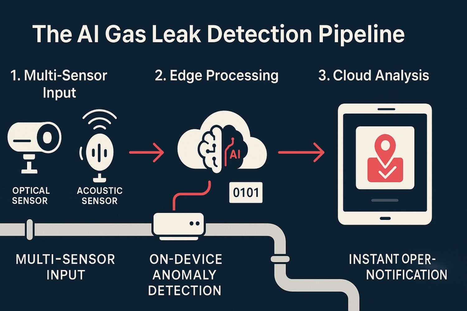 Flowchart infographic explaining the process of an AI gas leak detection system from data acquisition to alerts