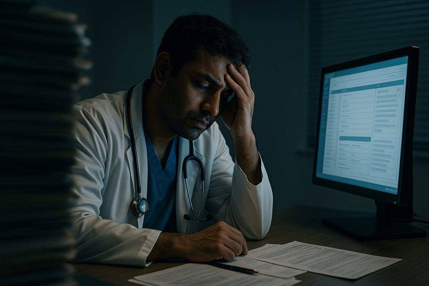 A doctor looking stressed and overwhelmed by a large stack of patient files, representing the burden of traditional clinical documentation.