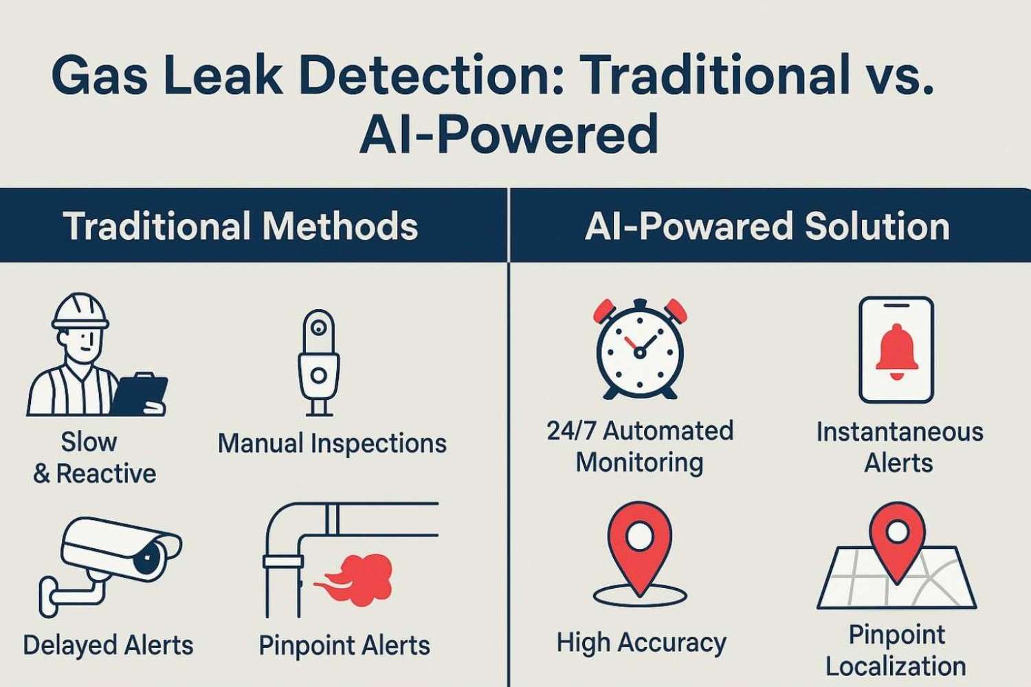 Infographic comparing traditional gas leak detection methods with modern AI-powered solutions