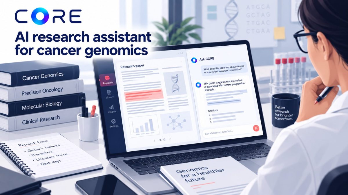 CORE illustration of a cancer genomics researcher reviewing a paper and a source-linked AI response.