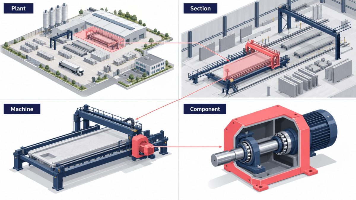 Four conceptual views showing a precast plant, casting section, machine and internal mechanical component.