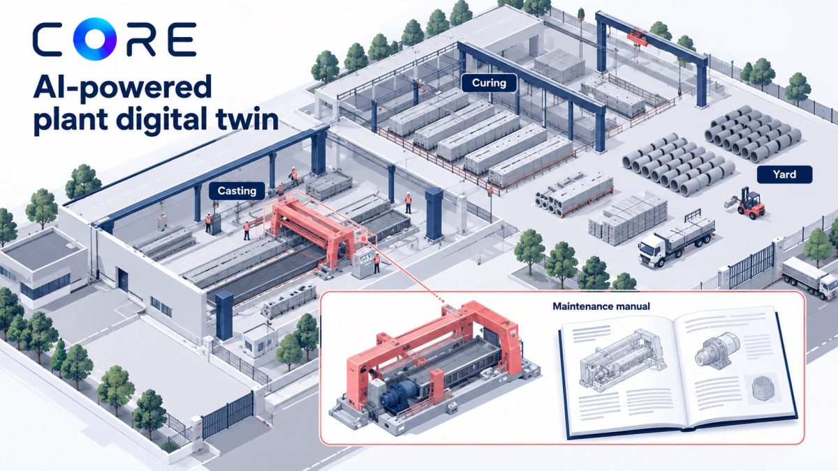 CORE illustration of a precast plant with casting, curing and yard areas, a highlighted machine and a maintenance manual.