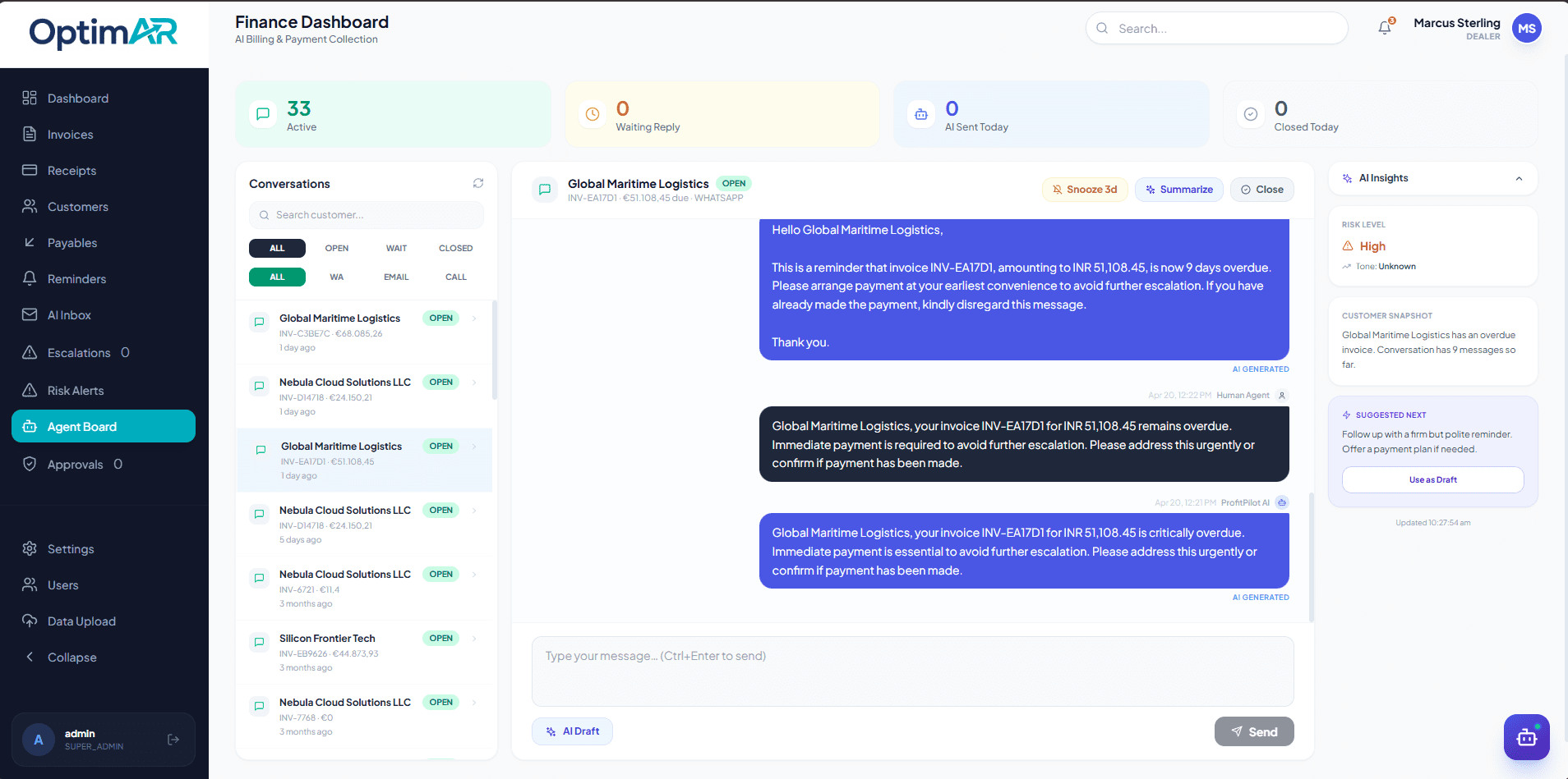 OptimAR AI Inbox showing customer replies, promise-to-pay commitments, and collections agent workflow