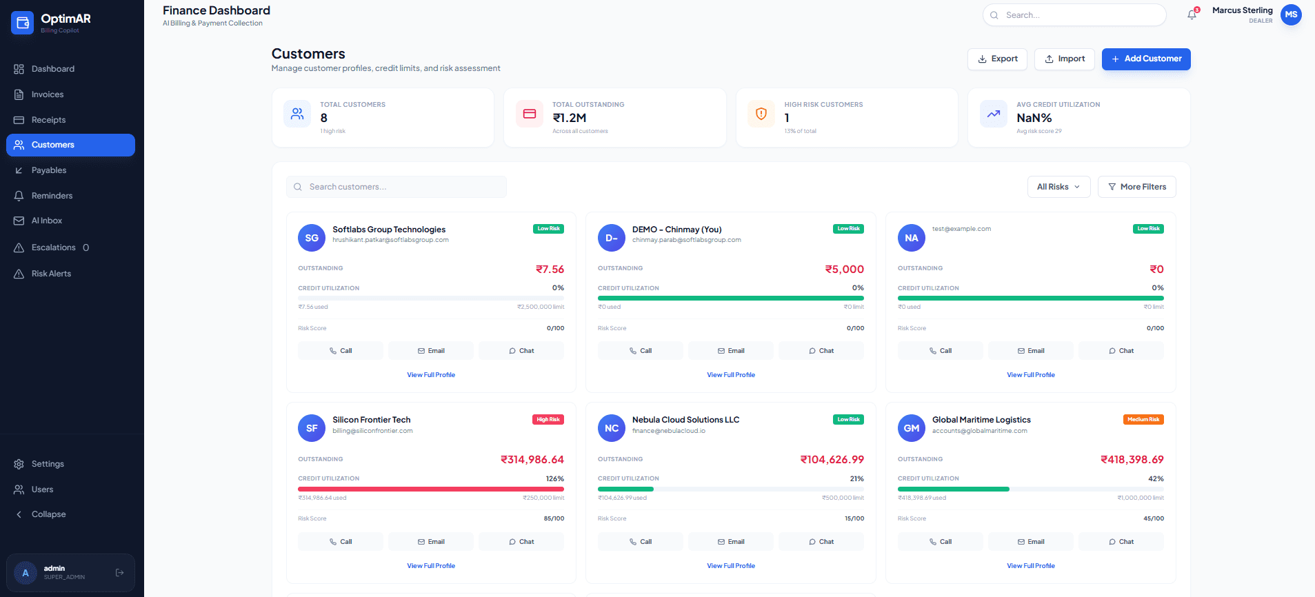OptimAR Customer Risk Scoring dashboard showing AI-powered risk badges, credit utilization bars, outstanding amounts, and risk scores from 0-100 for each customer
