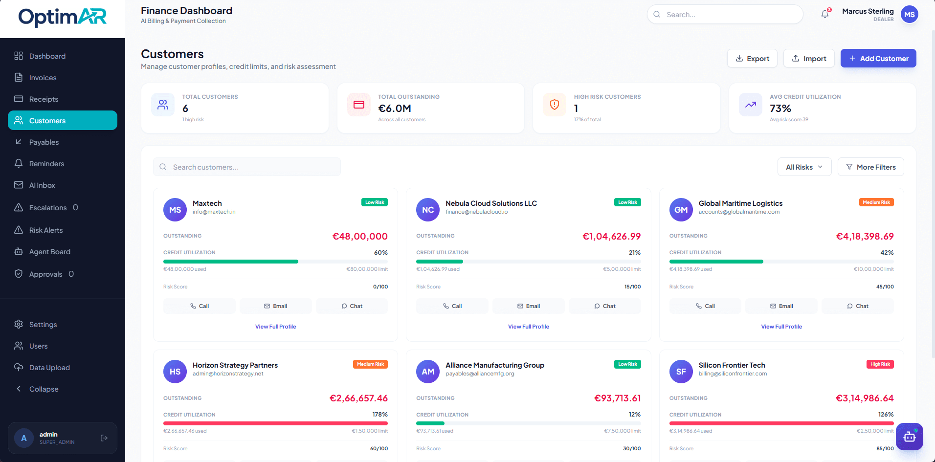 OptimAR customer profile and risk scoring screen showing dealer payment behavior and risk tier
