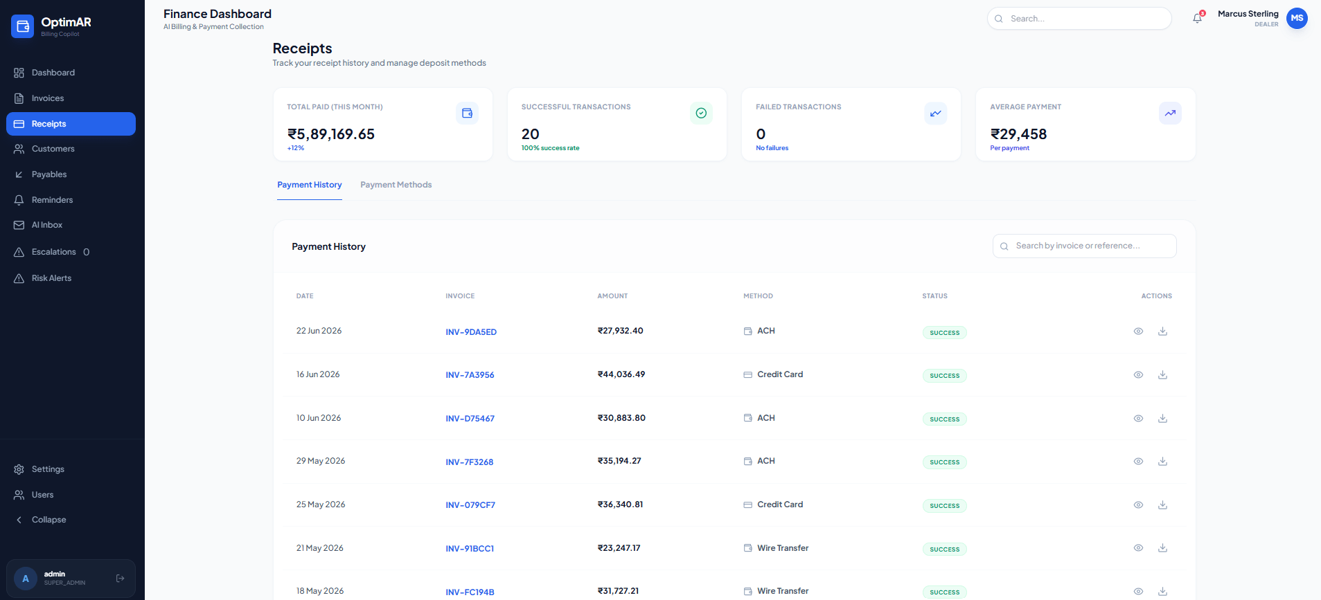 OptimAR receipts tracking and auto-reconciliation screen