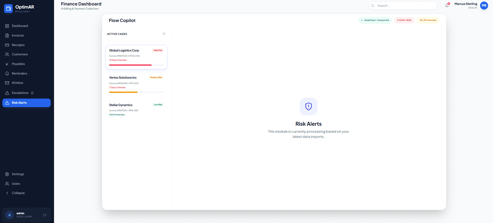 OptimAR risk alerts dashboard showing early warning signals for overdue accounts