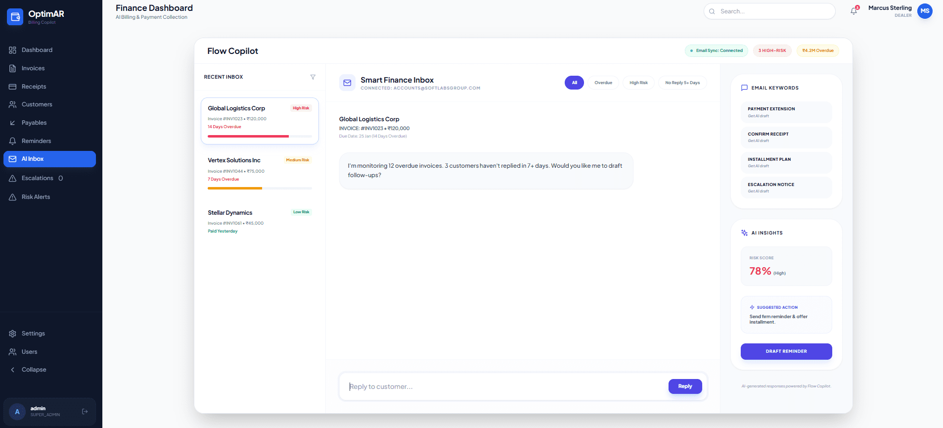 OptimAR ProfitPilot AI Inbox showing Smart Finance Inbox with customer risk levels, AI message monitoring 12 overdue invoices, and suggested action to draft follow-ups with 78% risk score
