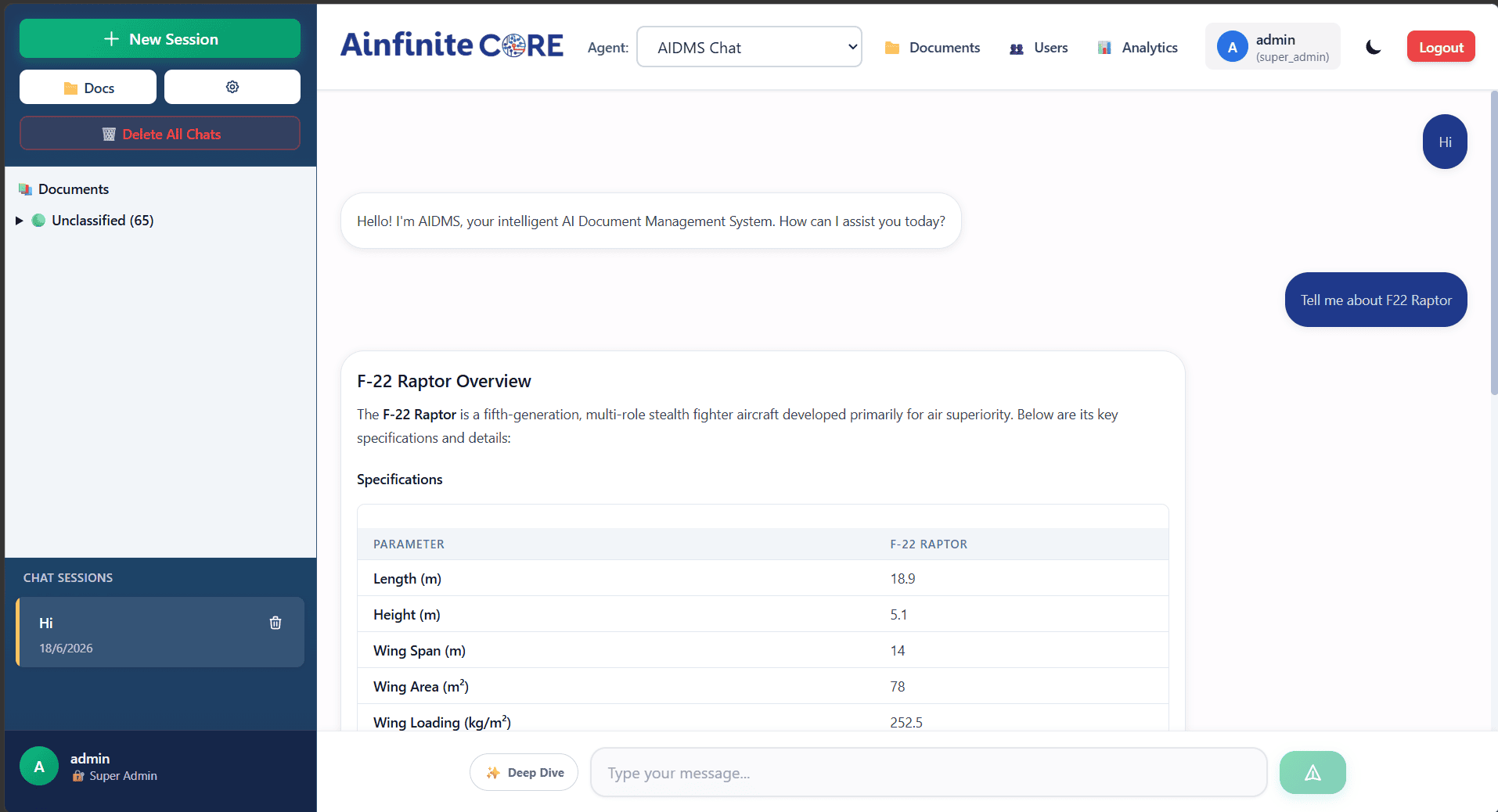 Ainfinite Core private LLM dashboard showing document knowledge base with cited answers
