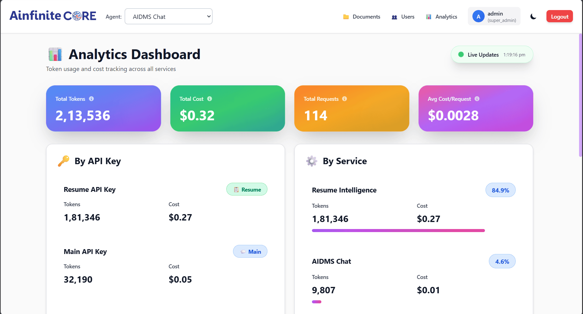 Ainfinite Core private LLM deployment dashboard with access controls and connectors