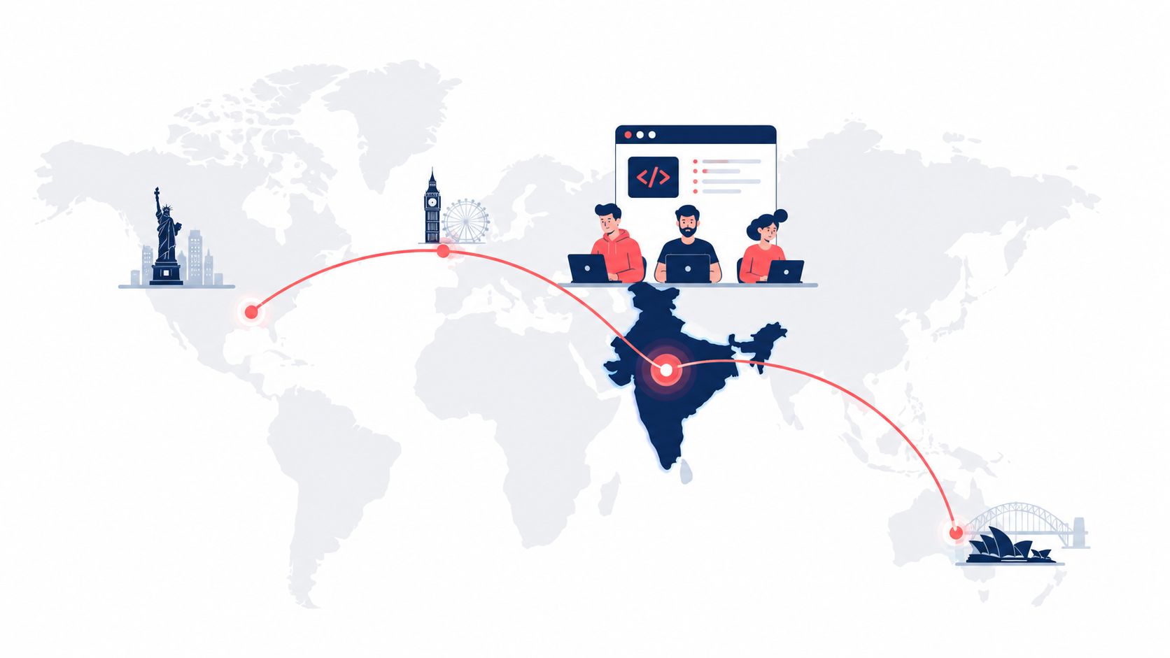Web development outsourcing from India illustrated: Indian developer teams connected to US, UK, and Australia clients