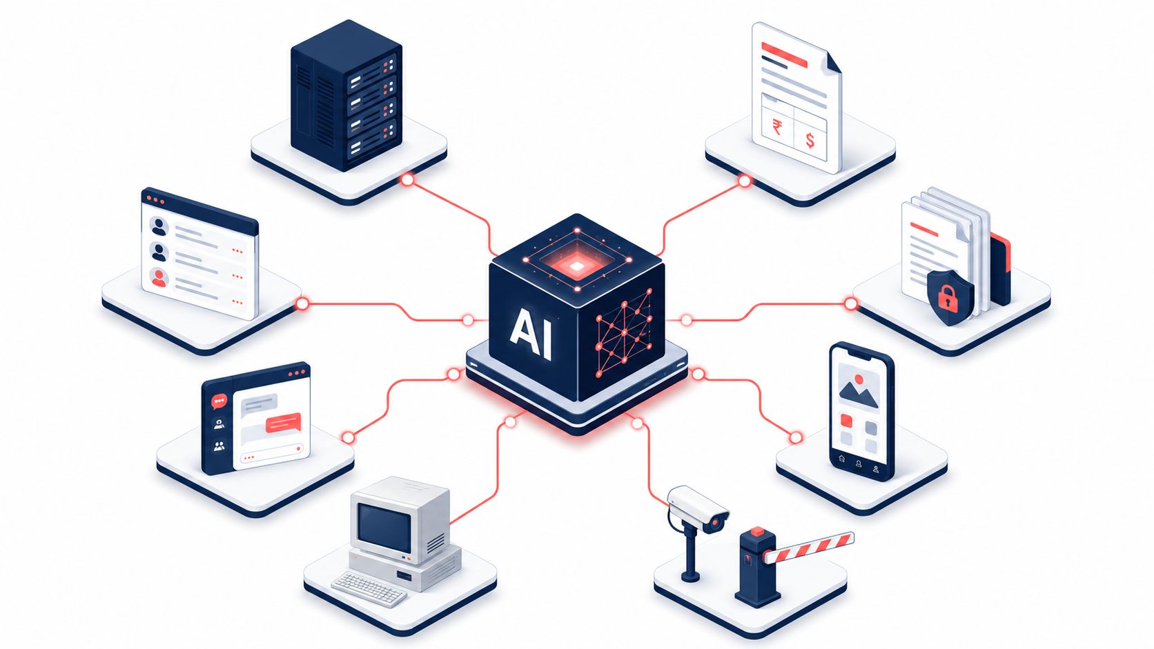 Eight surfaces where software consulting firms for AI integration connect AI: ERP, finance, CRM, documents, chat, apps, legacy, CCTV