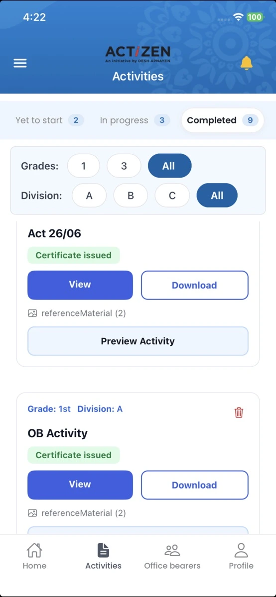 Desh Apnayen mobile app screens for civic-education activities and programme engagement