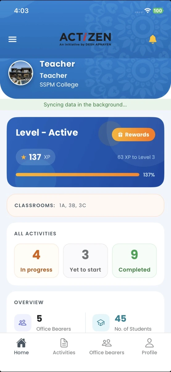 Desh Apnayen mobile app dashboard for managing programme activities and field work