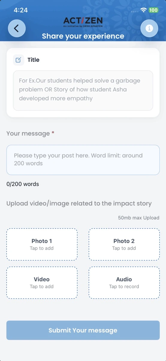 Desh Apnayen mobile app screens for sharing classroom experience and programme evidence