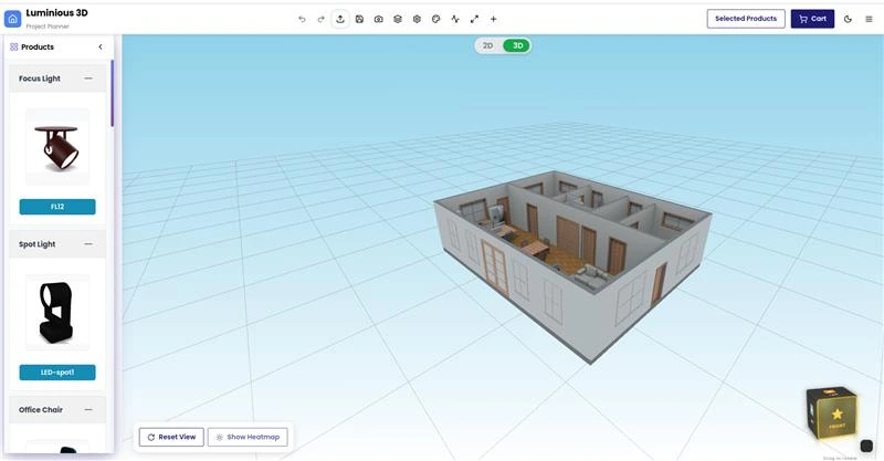 Luminous 3D browser-based lighting planner showing a three-dimensional scene and design controls
