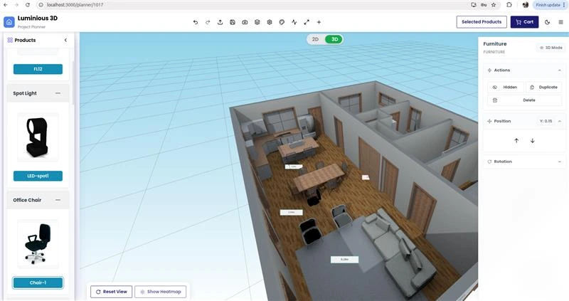 Fixture placement and selection controls in the Luminous 3D lighting design planner