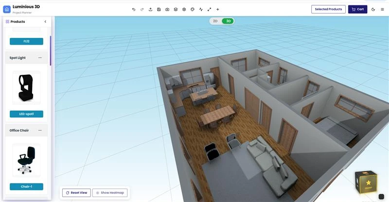 Luminous 3D interior planning workspace used for browser-based lighting layout development