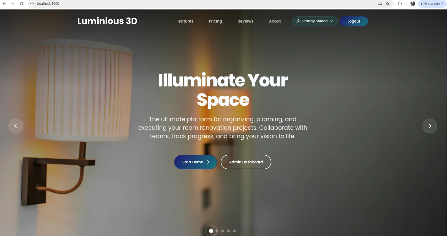 Luminous product landing screen for the web-based 3D lighting design platform