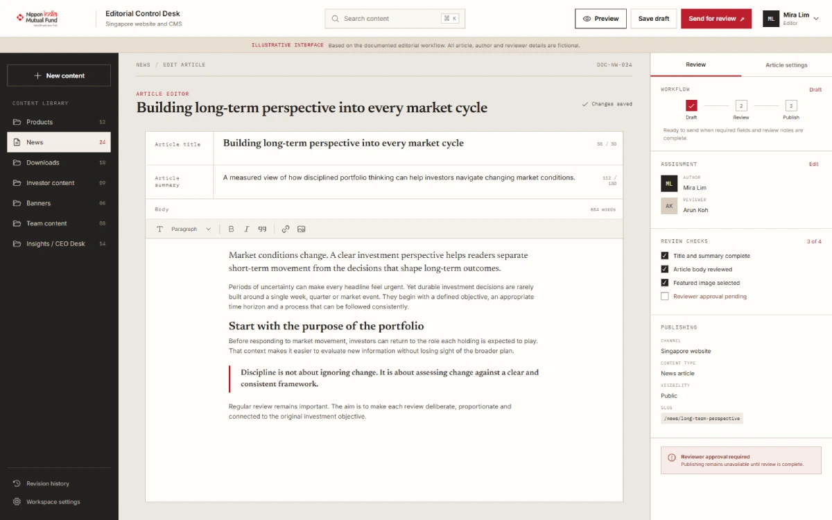 Illustrative content editor for preparing investment website content before publication