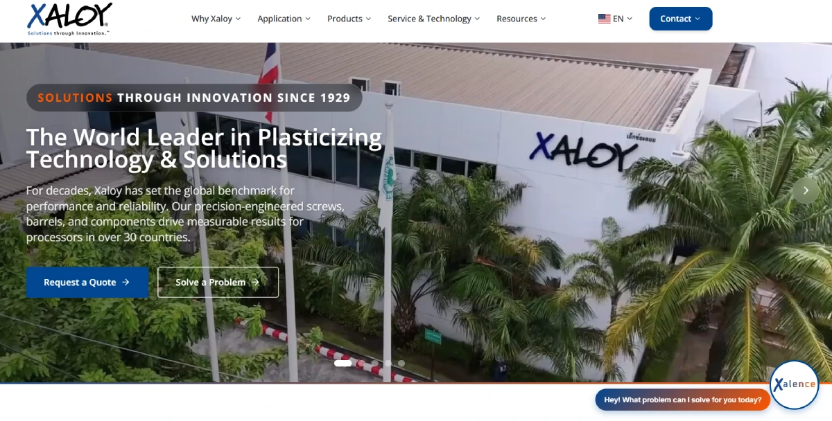 Redesigned Xaloy industrial manufacturing website homepage
