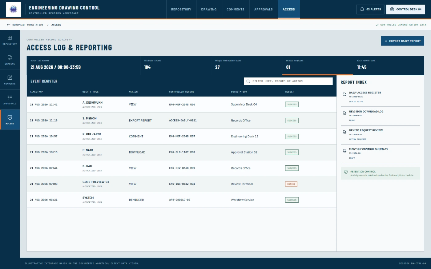 Recreated engineering drawing access log with fictional users, roles, departments, drawing references, actions, and timestamps