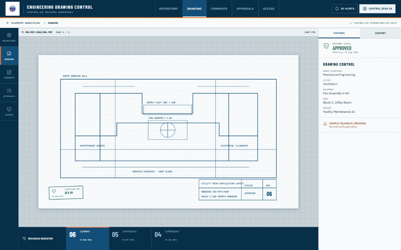 Recreated engineering drawing viewer showing a fictional civil-maintenance drawing with revision details and role-based workflow information