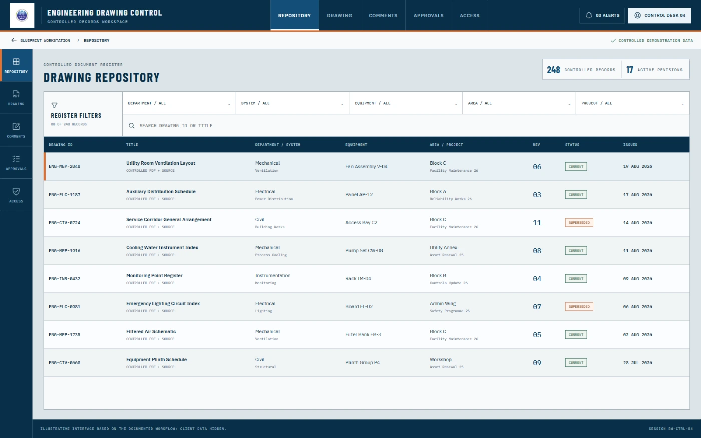 Recreated engineering drawing repository with search filters, drawing records, revision status, department, system, equipment, area, and project fields