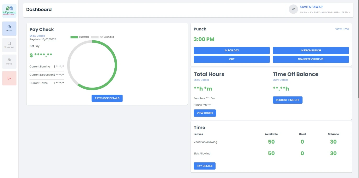 Birdi employee dashboard in the custom timesheet management software