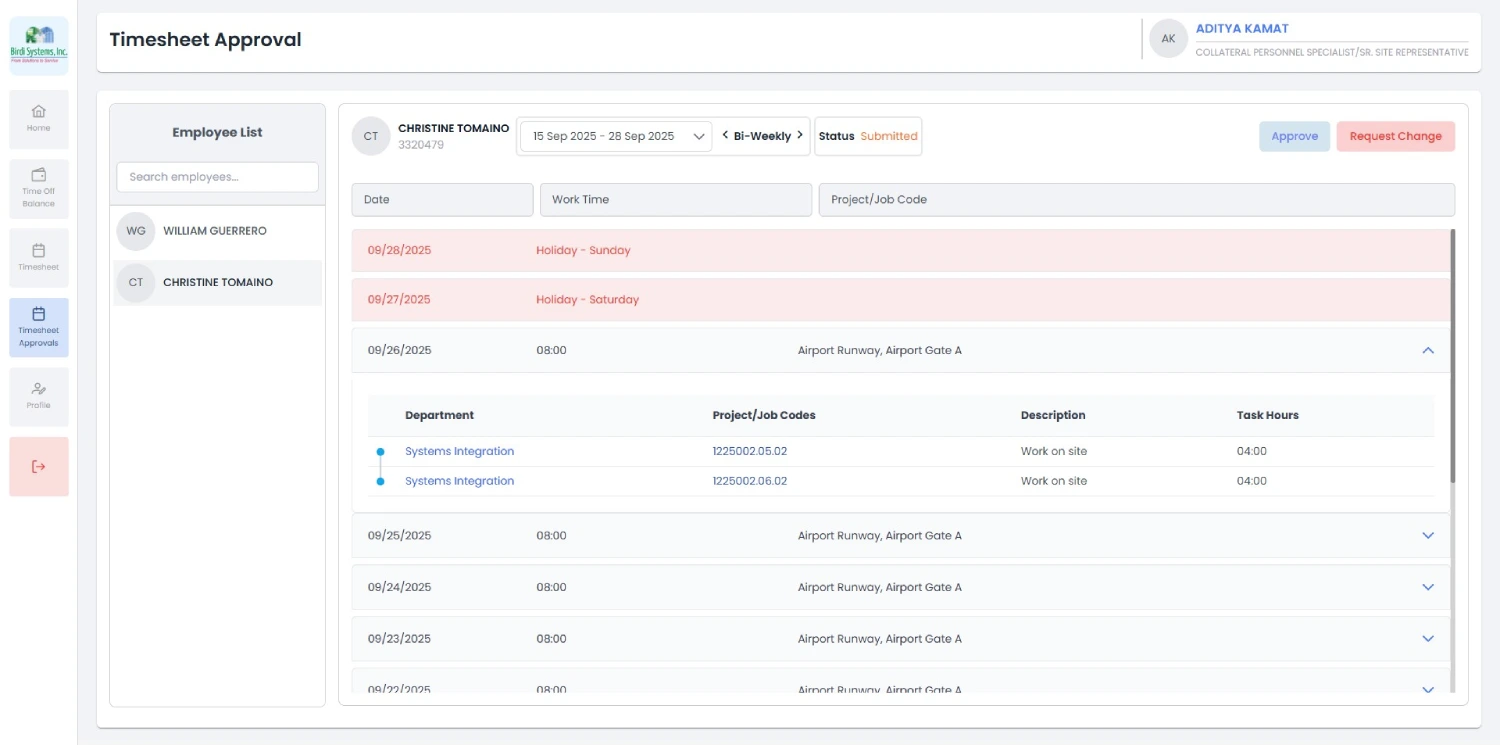 Supervisor approval view for submitted employee timesheets