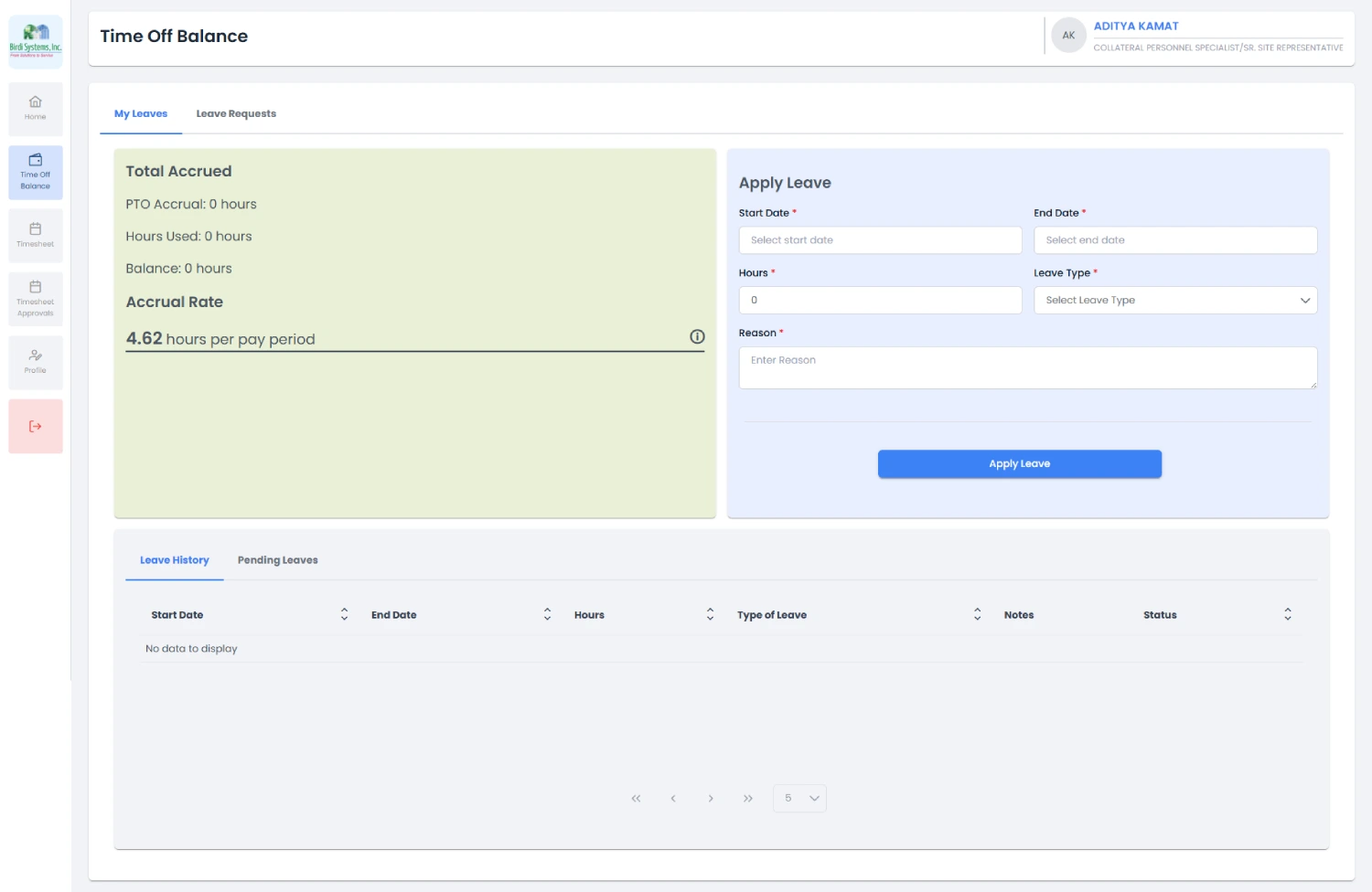 Employee time-off balance and leave request interface