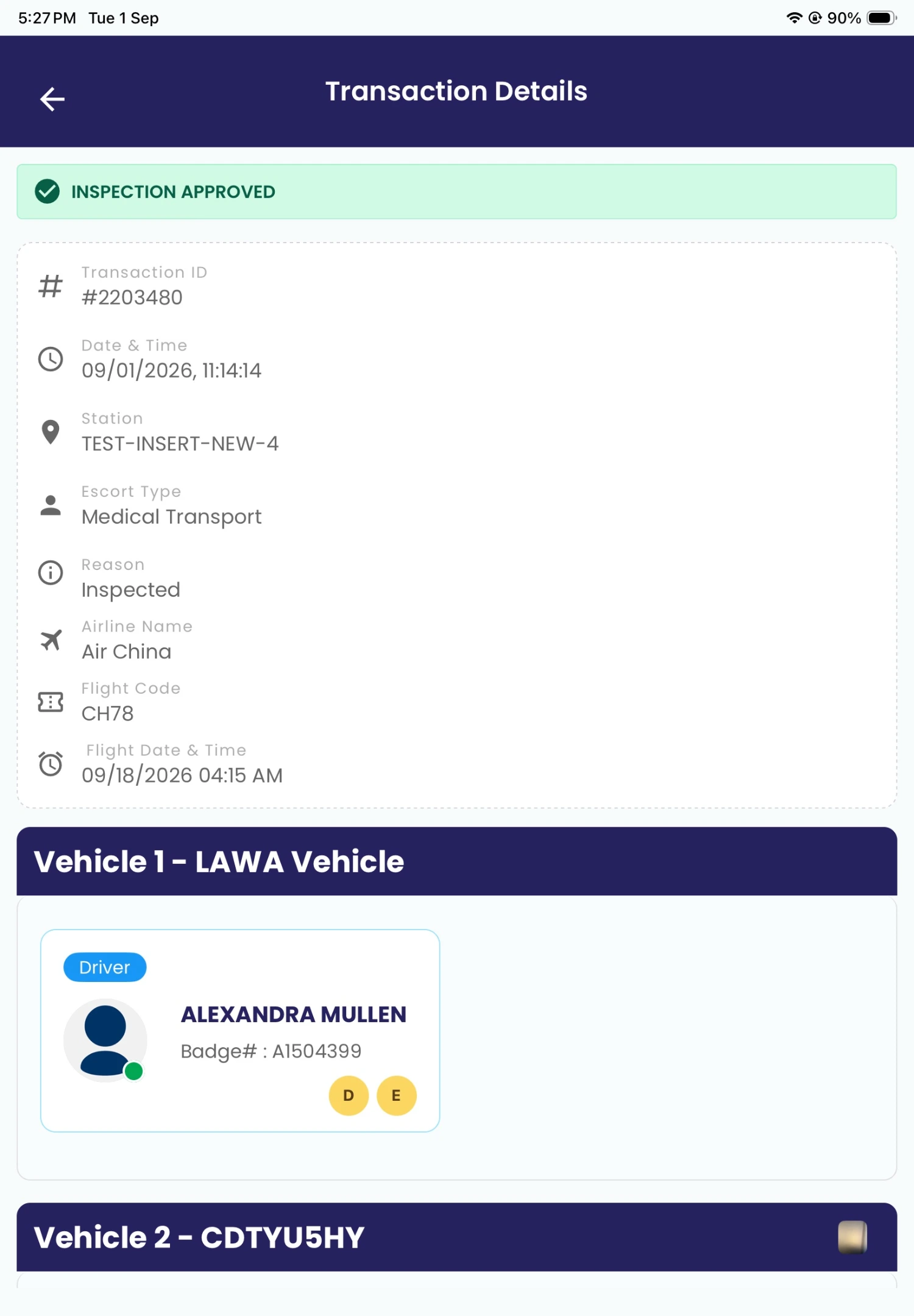 Approved transaction details in the Birdi airport vehicle checkpoint management system