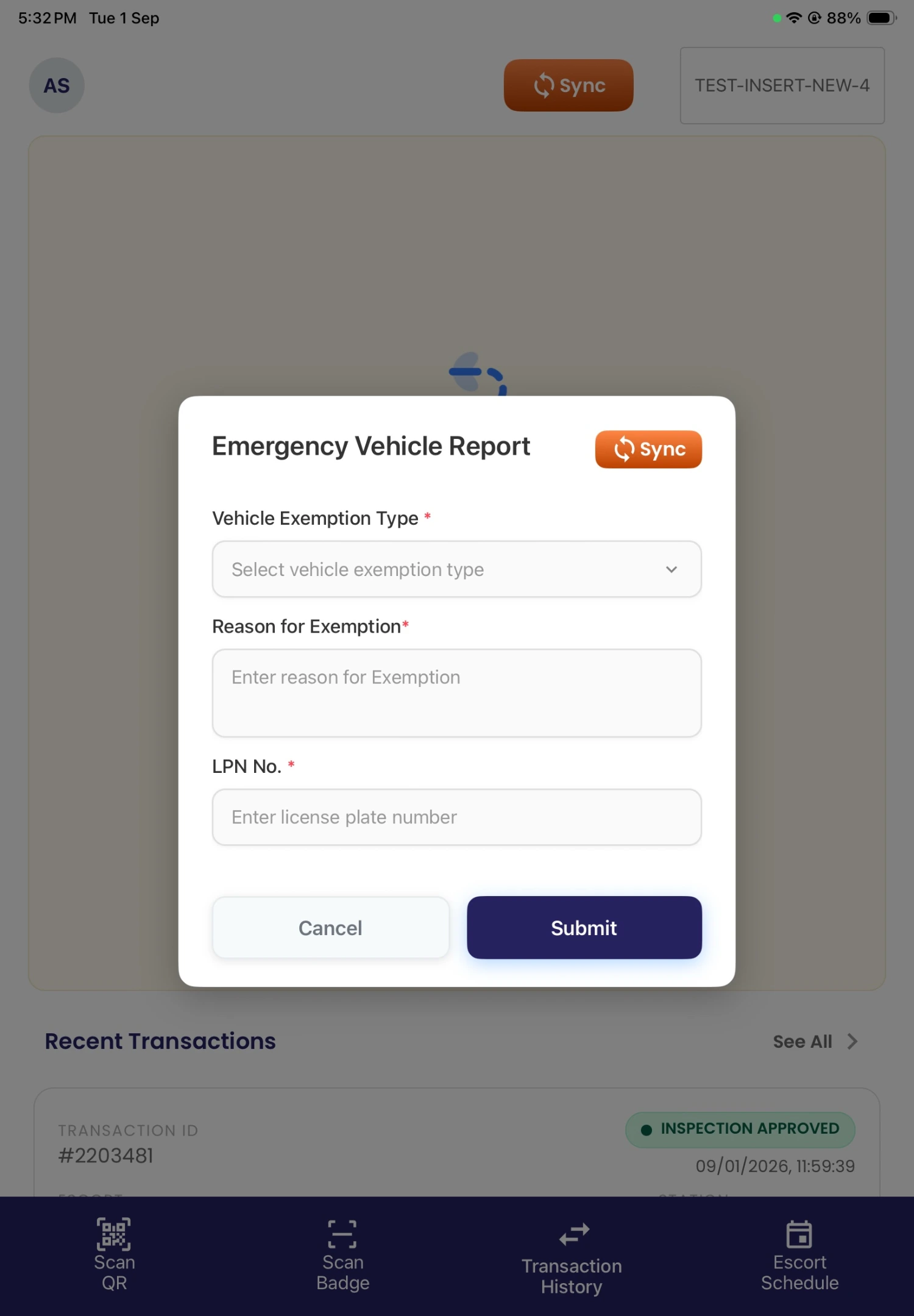Emergency vehicle report in the Birdi airport checkpoint application