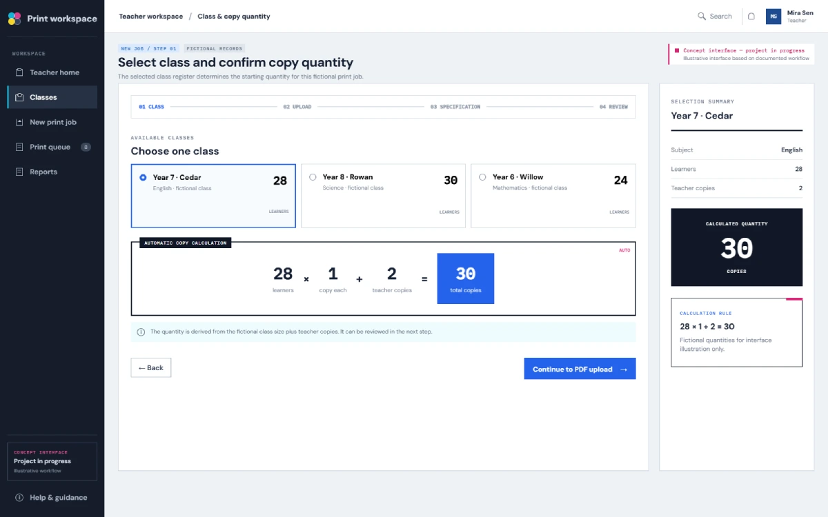 Illustrative class selection and student copy calculation interface in PrintPortal