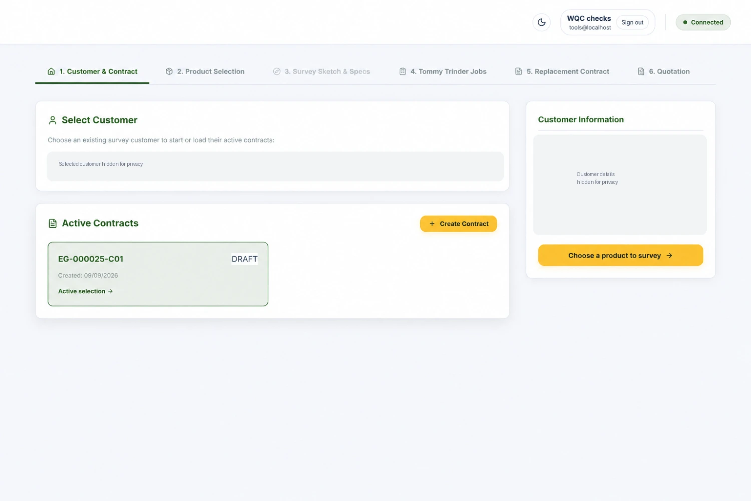 Energy Glazing customer and active-contract selection screen with identifying values hidden.