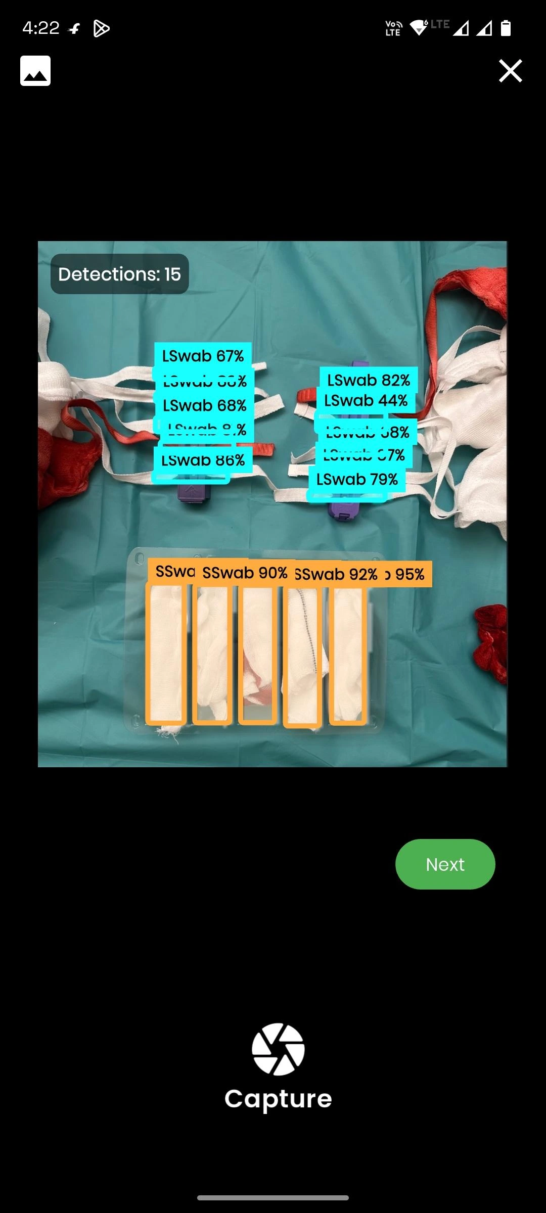 iCount pilot-app detection overlay identifying visible supported surgical consumables