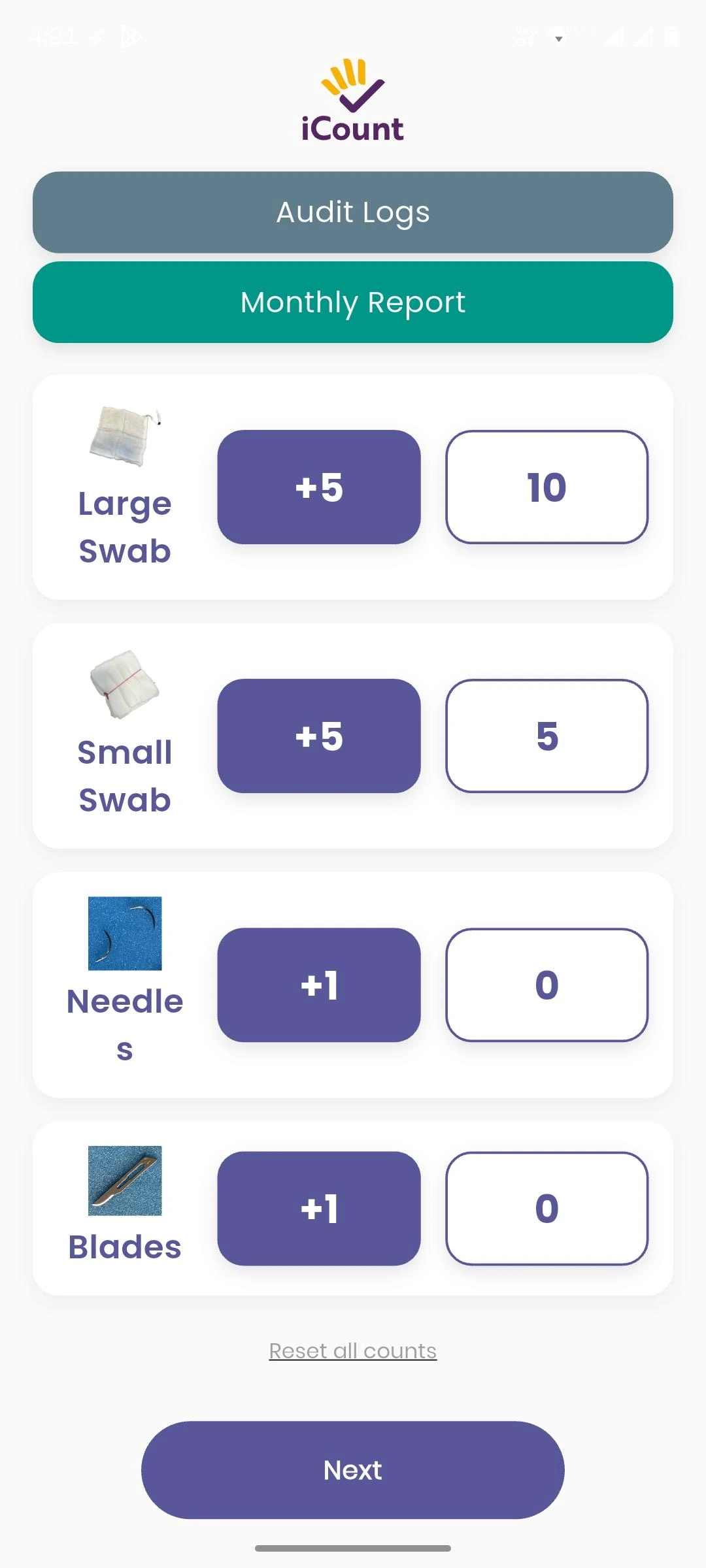 iCount pilot-app screen for recording the expected surgical consumables count