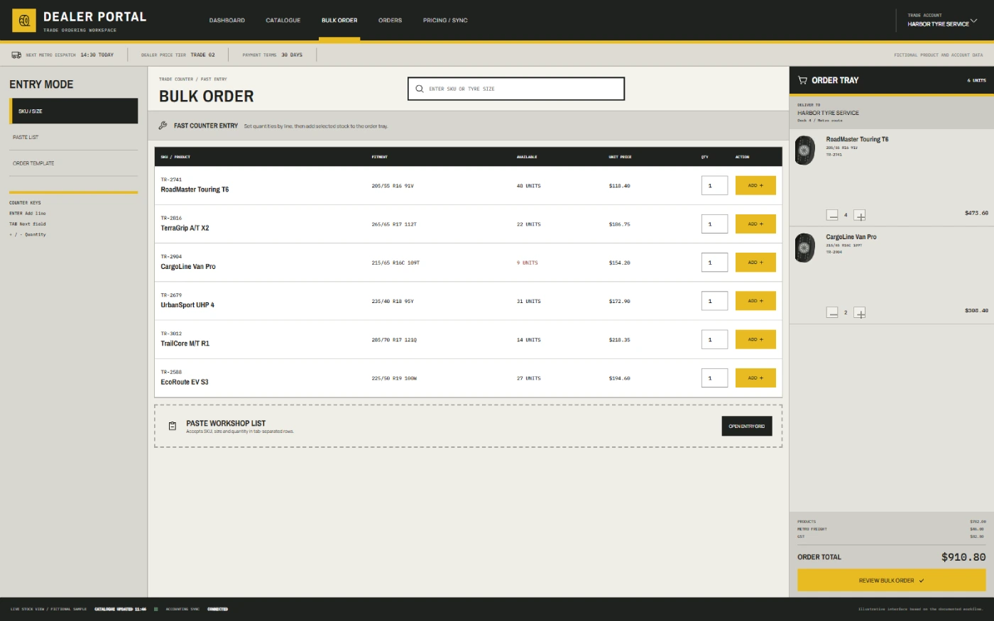 Recreated bulk tyre ordering screen with fictional products and quantities