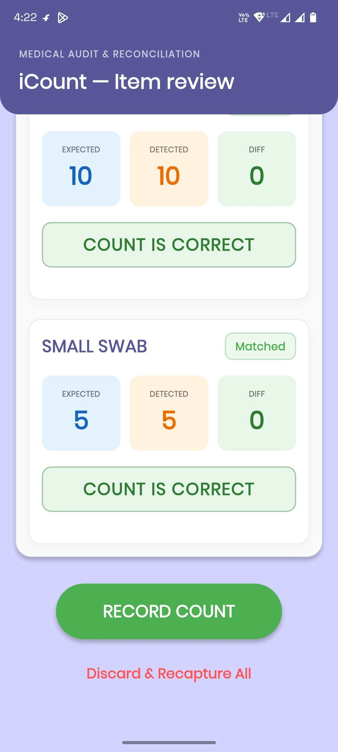 iCount pilot-app screen showing a detected count matching the recorded expected count