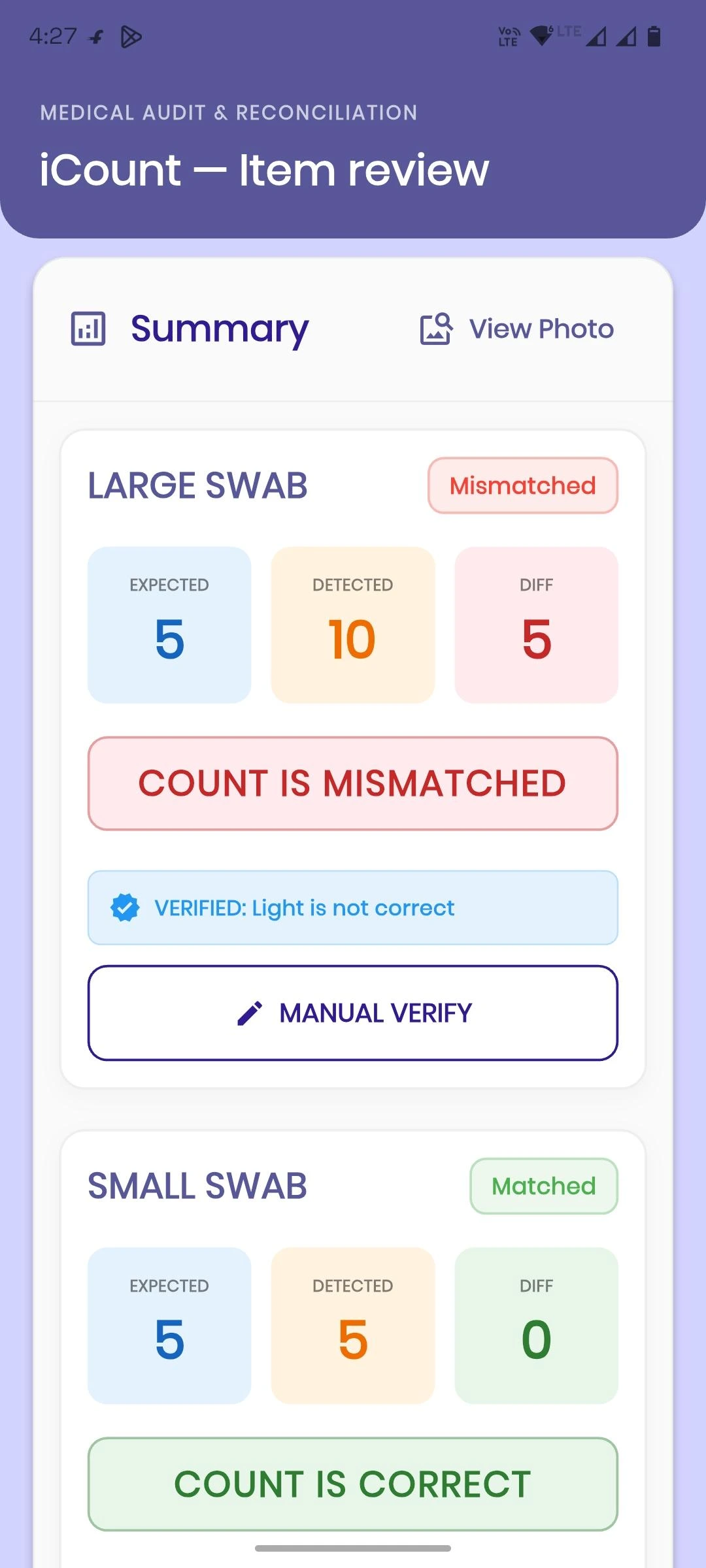 iCount pilot-app mismatch screen directing the user to manual verification