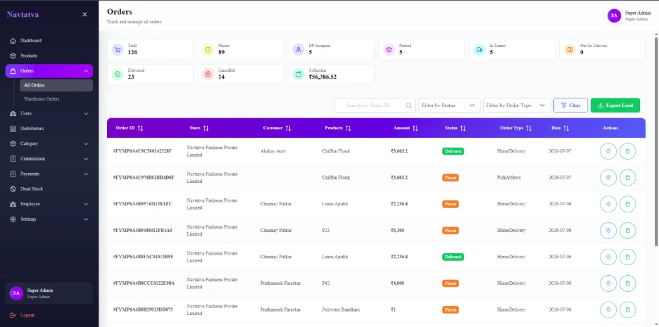 Supplied Navtatva administration dashboard showing order management
