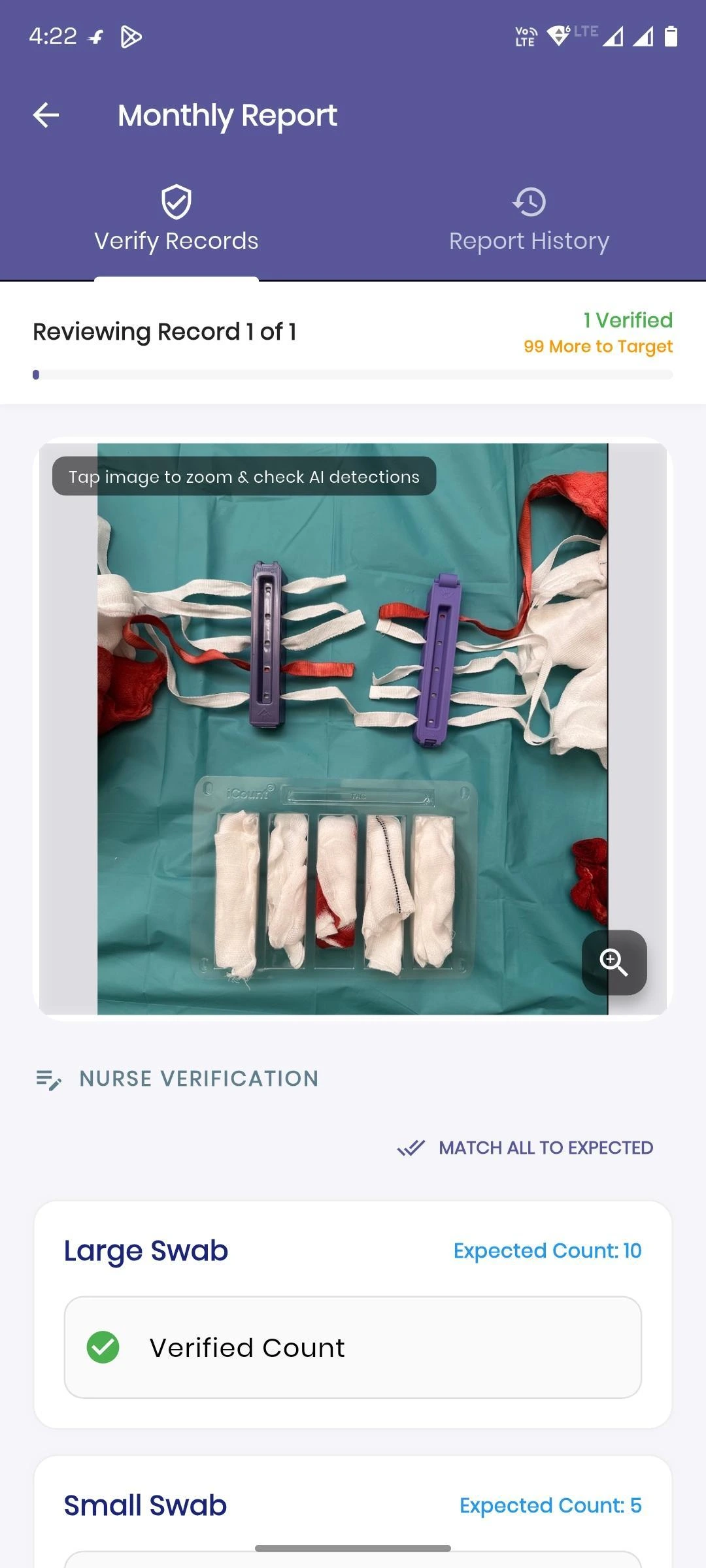 Staff verification screen in the iCount pilot app for reviewing and correcting an AI-assisted count