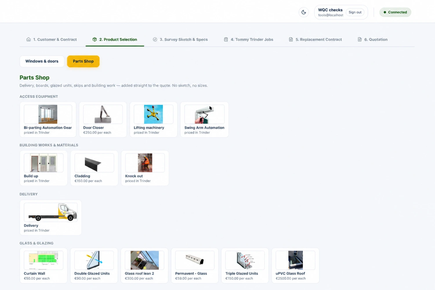 Parts Shop screen for adding product components to a quotation.