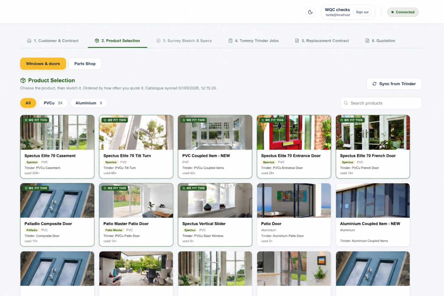 Product catalogue showing window, door and parts-shop choices in the survey-to-contract workflow.