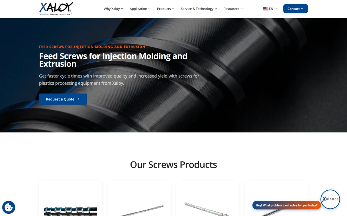 Current public Xaloy industrial product page and website navigation