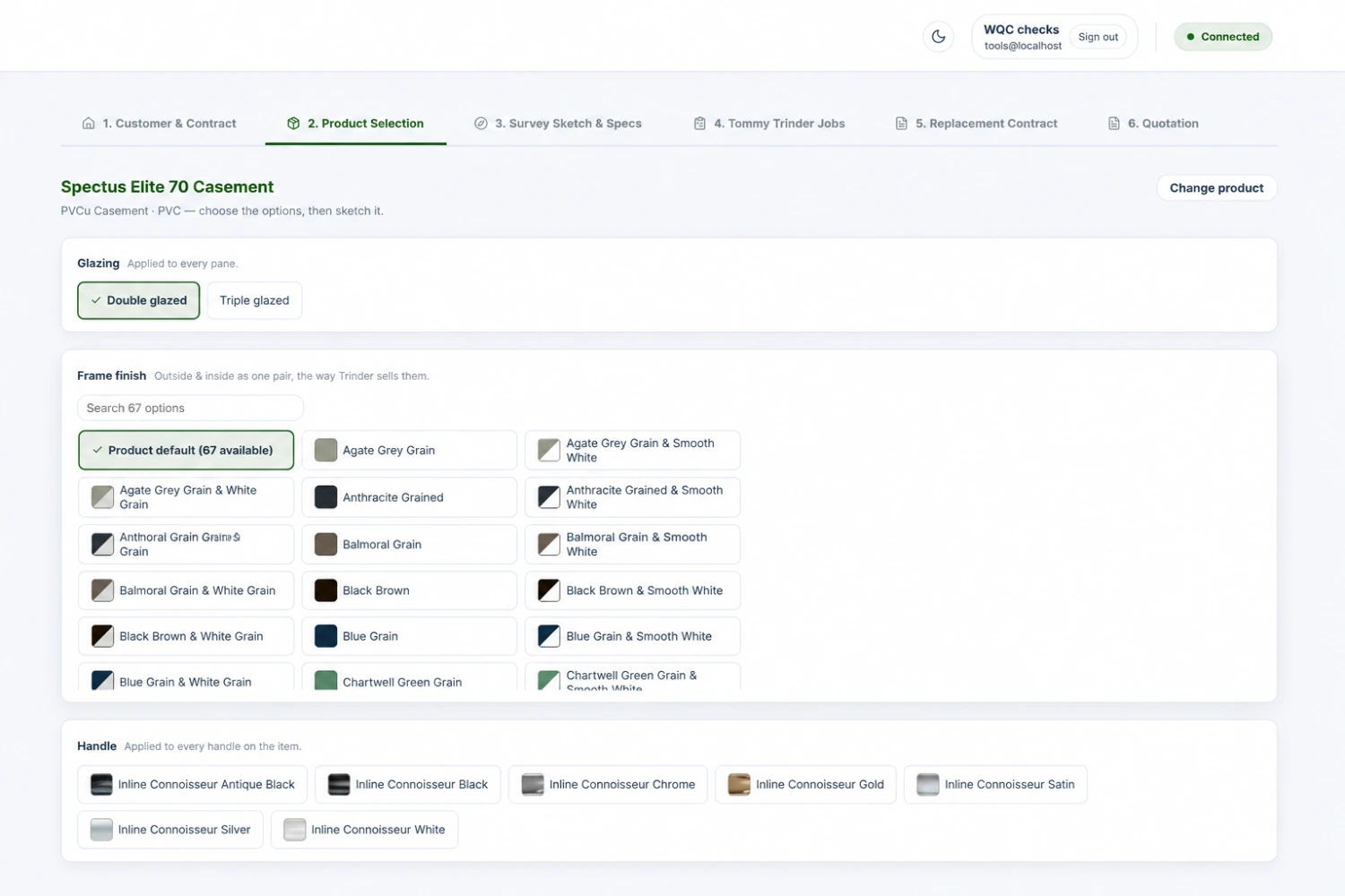 Product-selection screen for a selected window or door item.