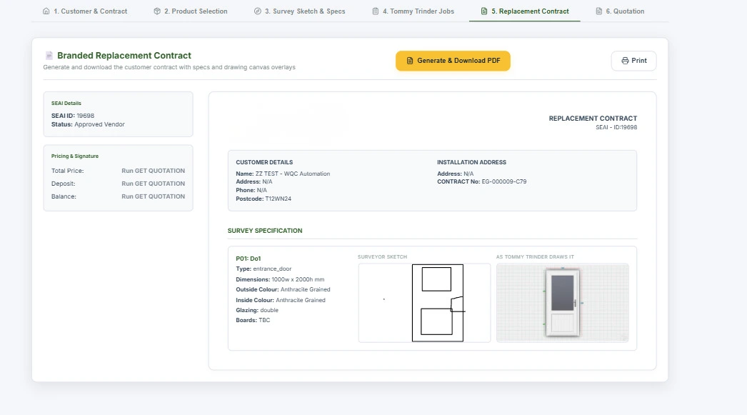 Replacement-contract preview with survey specification and Tommy Trinder drawing.