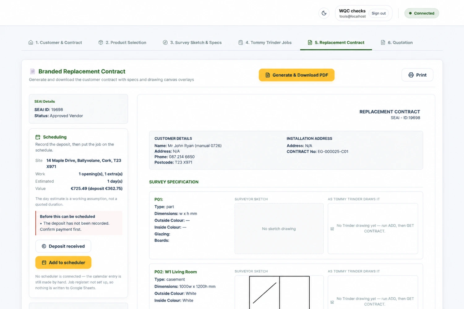 Replacement Contract section showing contract preparation within the application workflow.